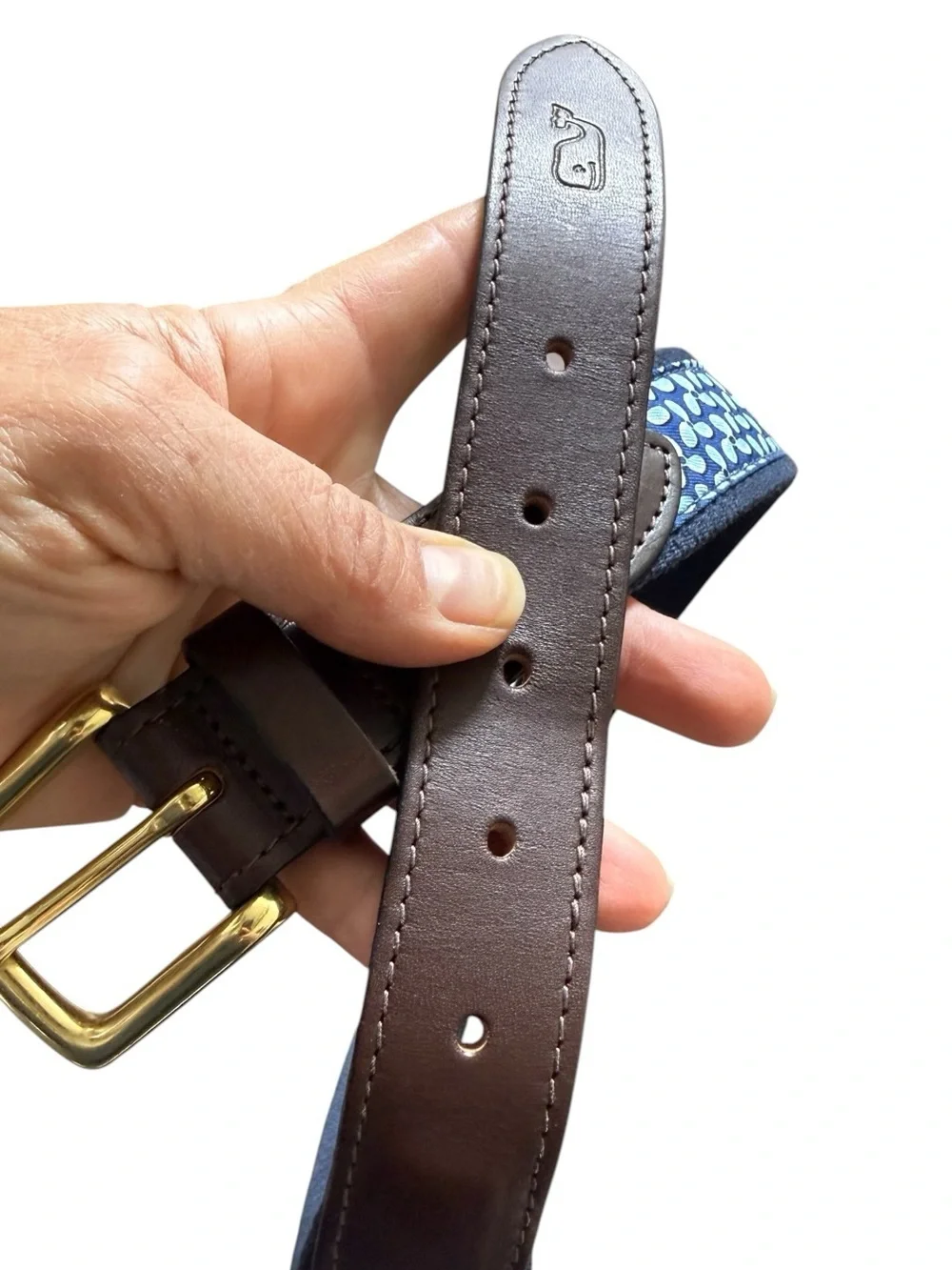 Vineyard Vines micro nautical propellers Canvas Club Belt navy brown brass 30 14